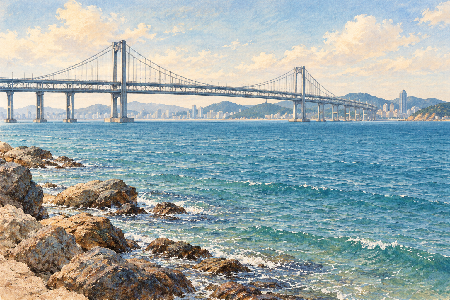 大连海岸意象明信片，AI艺术化插画